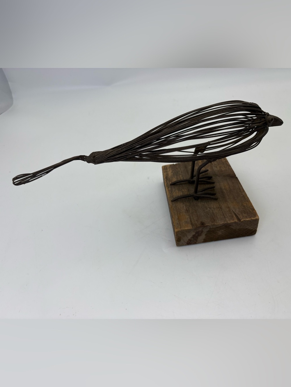 Rustic Handcrafted Metal Wire Bird Figurine on Wooden Base - Picture 6 of 13